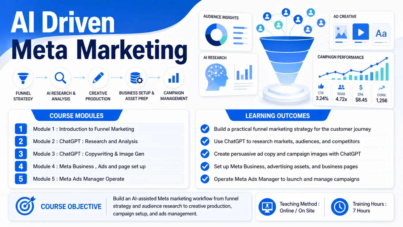 AI Driven Meta Marketing course poster — modules, learning outcomes and training hours