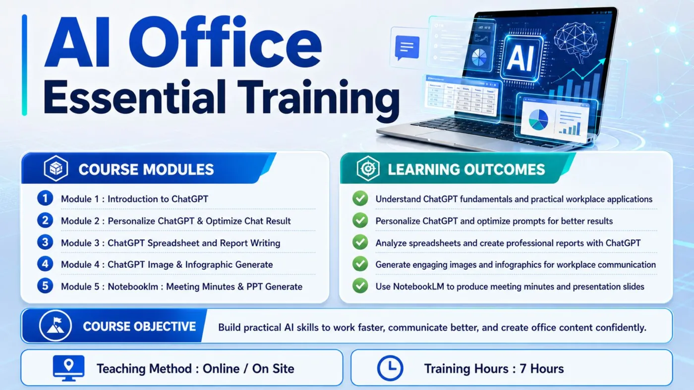 AI Office Essential Training course poster — modules, learning outcomes and training hours